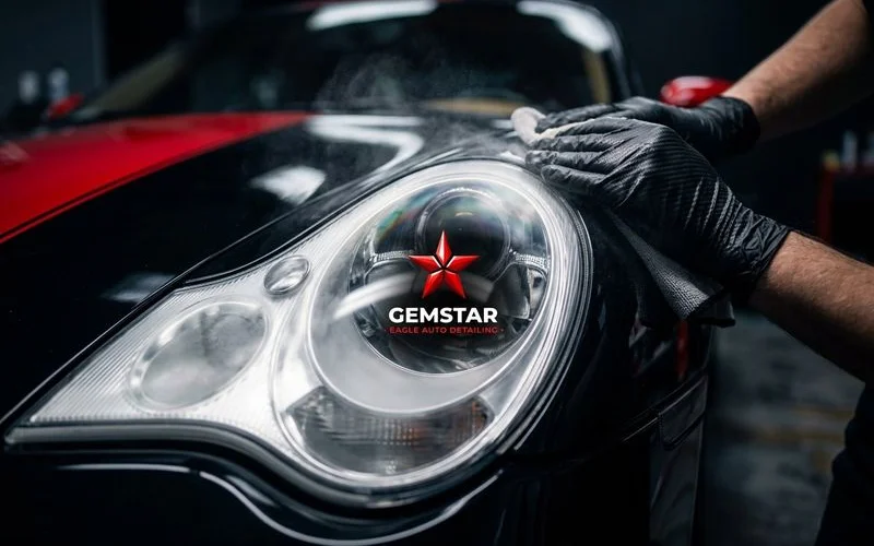 Headlight being polished to restore optical clarity