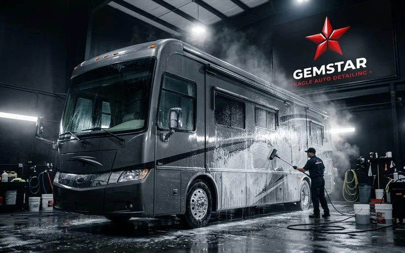 RV receiving professional exterior wash and detailing