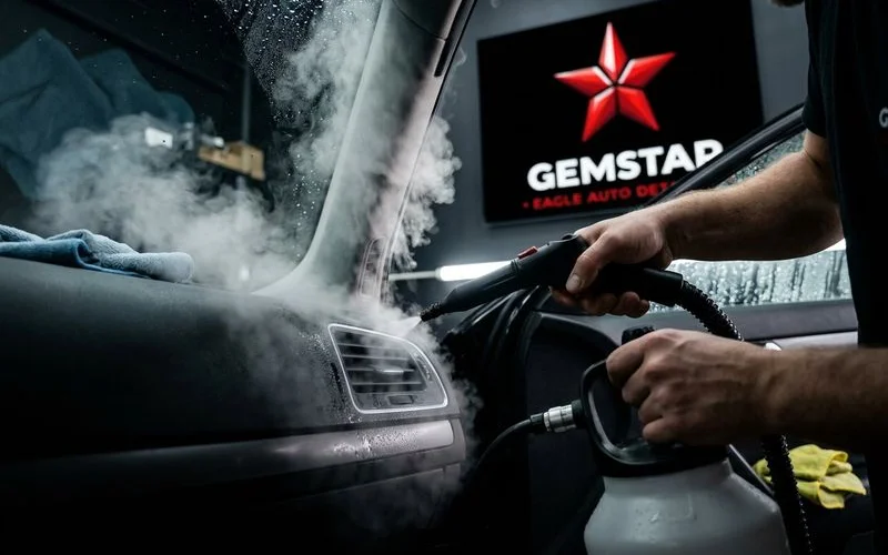 Steam cleaning being applied to interior vents and trim