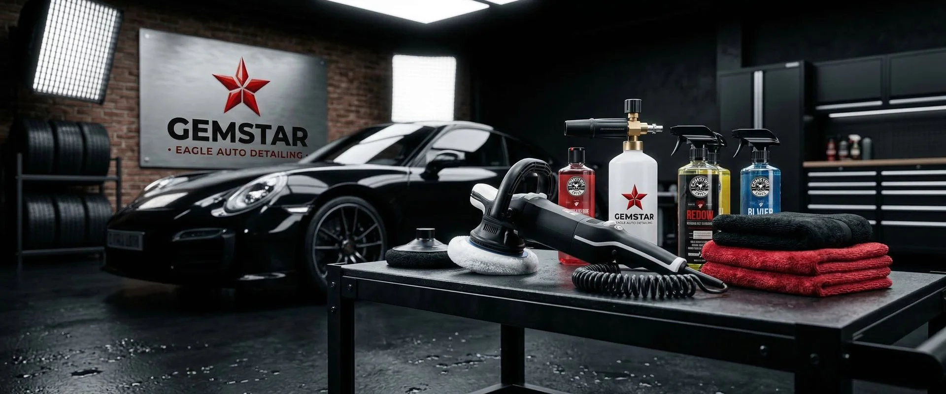Professional auto detailing tools and products arranged on a dark surface with dramatic studio lighting