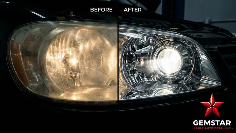 A before and after comparison of a headlight restoration showing the dramatic improvement in clarity and light output