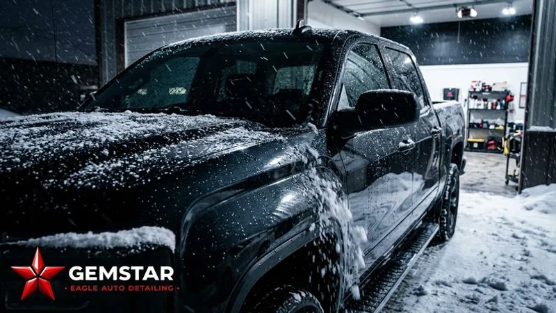 A ceramic coated truck parked outside during an Idaho winter snowstorm showing snow sliding off the protected paint surface