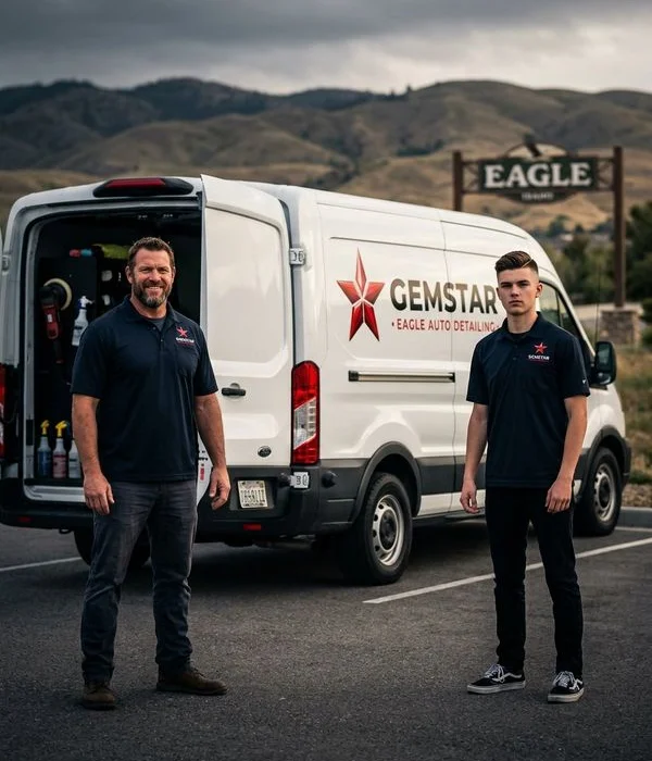Justin and Kayden, co-founders of Gemstar Eagle Auto Detailing, standing beside their fully equipped mobile detailing van in Eagle, Idaho