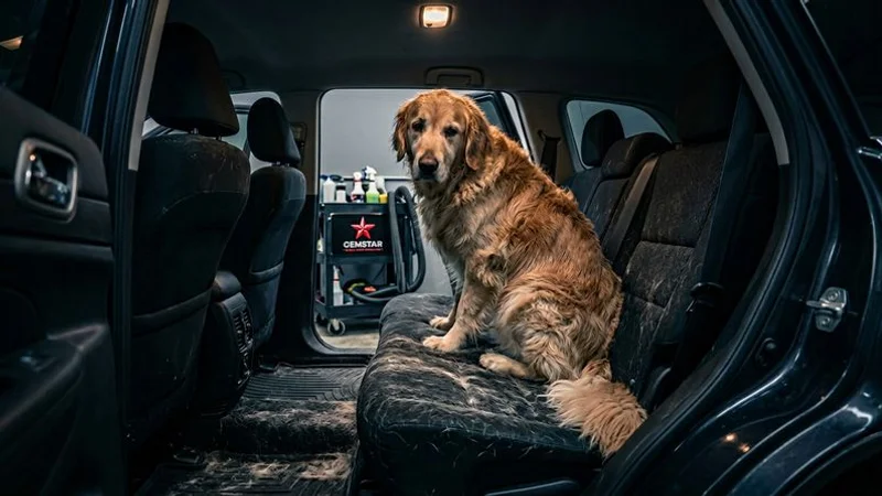 A large dog sitting in the back seat of an SUV with visible pet hair covering the fabric seats and floor area