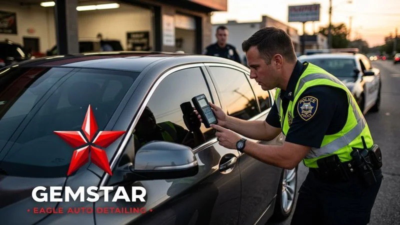 A law enforcement officer checking window tint darkness on a vehicle during a routine traffic stop in Idaho