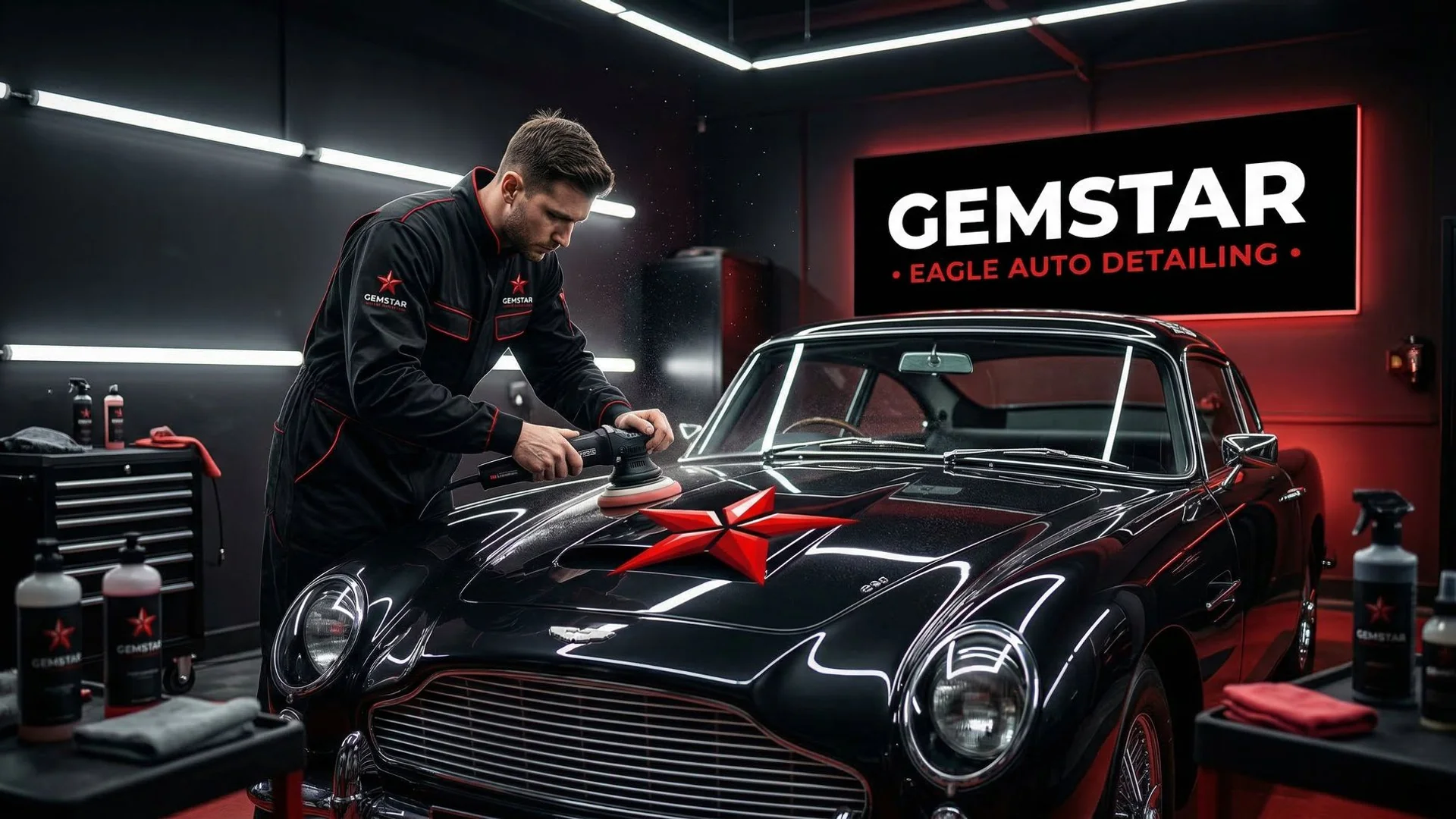 Professional auto detailer applying ceramic coating to a luxury vehicle in Eagle, Idaho