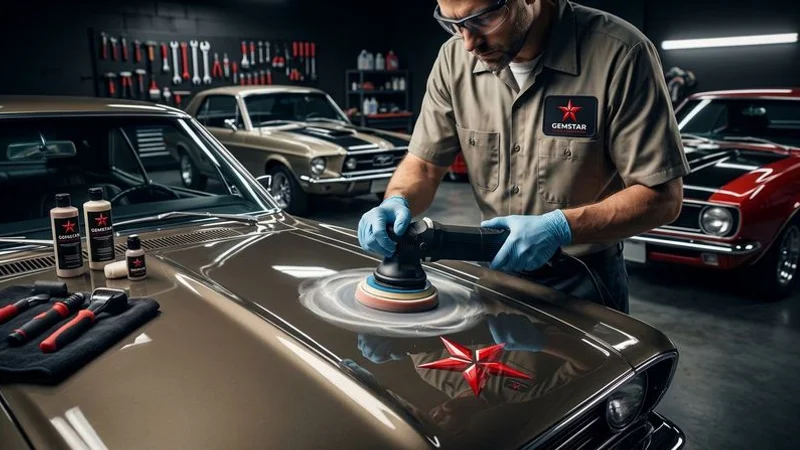 Professional detailer using a dual action polisher to perform paint correction on a dark blue vehicle panel