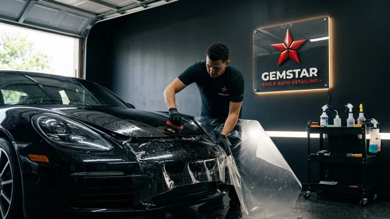 A professional installer carefully applying paint protection film to the front bumper and hood of a new vehicle