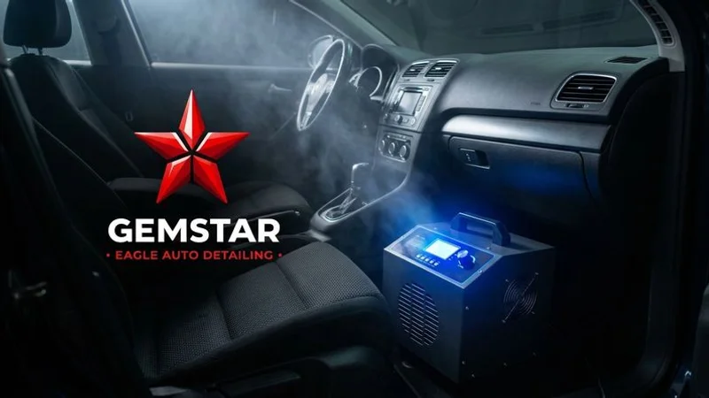 A professional ozone generator machine placed inside a vehicle cabin during the smoke odor elimination treatment process