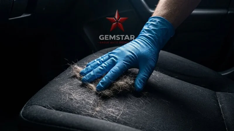 Demonstration of using a rubber glove method to remove pet hair from a car seat showing clumps of collected hair