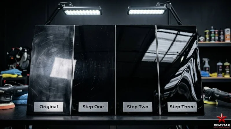 Side-by-side comparison showing paint finish quality after one-step two-step and three-step correction under studio lights