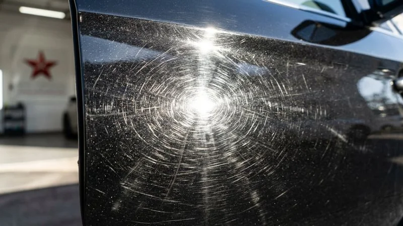 Close-up of swirl marks visible on a dark colored vehicle panel under direct sunlight showing spider web pattern damage